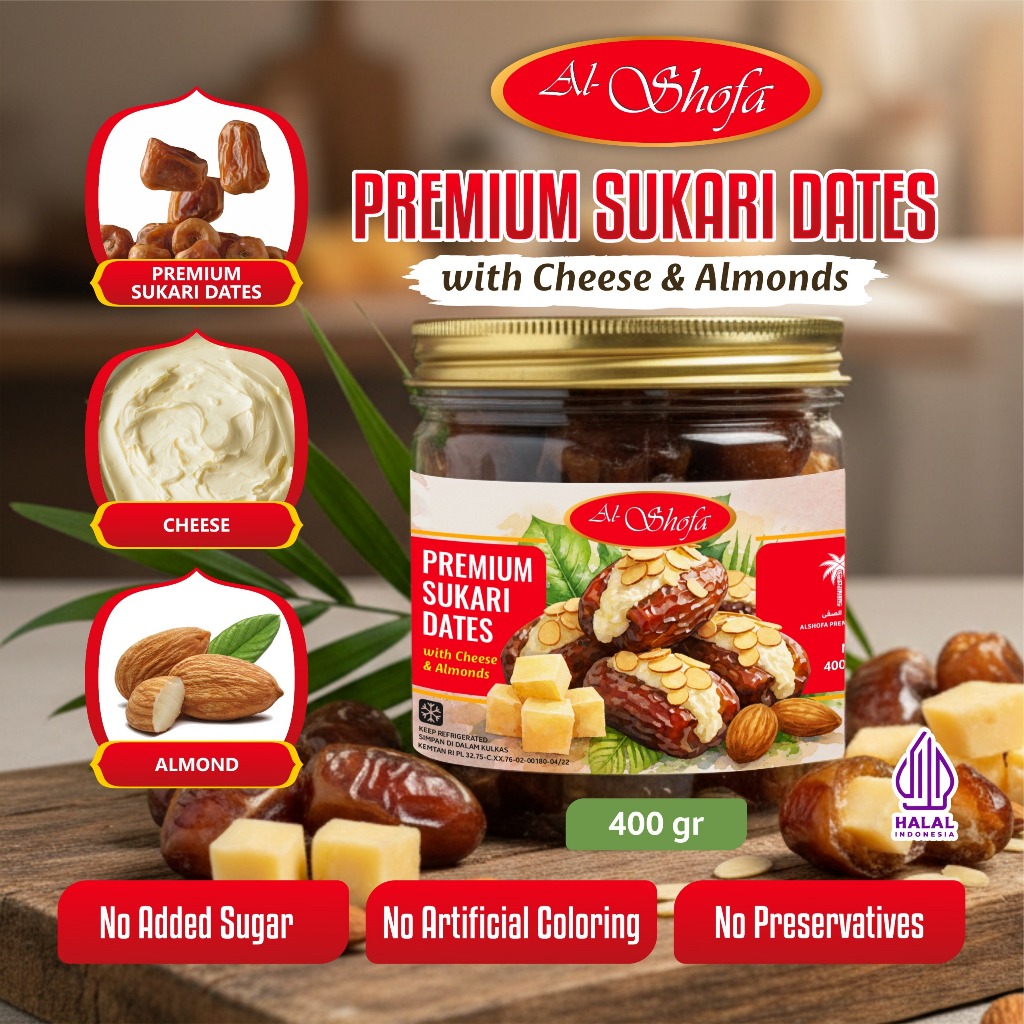 Al Shofa Kurma Sukari Premium Isi Keju & Almond 400gr | Stuffed Dates Cheese Almond Snack Kurma