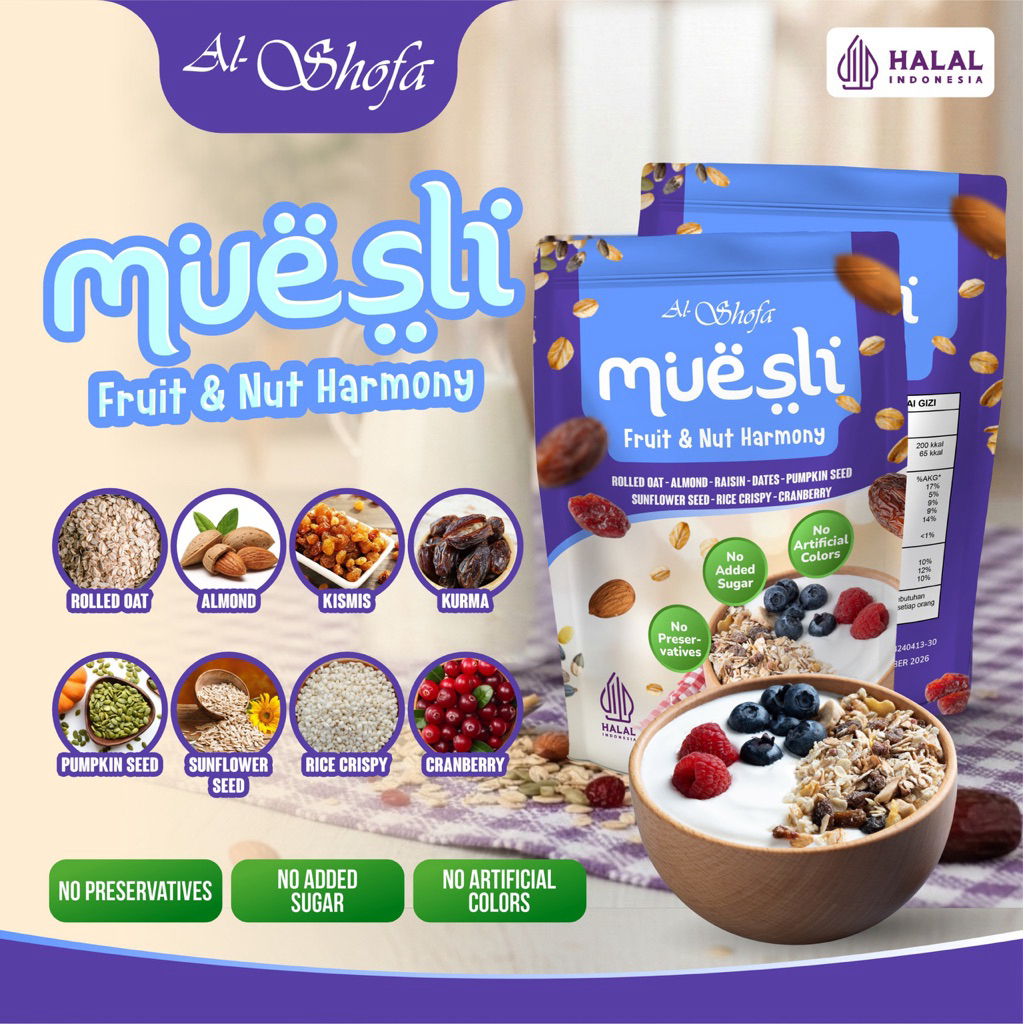 Muesli Al Shofa 500gr – Fruit & Nut Harmony | Rolled Oat Almond Kismis Kurma Cranberry | Healthy Breakfast Tanpa Pengawet