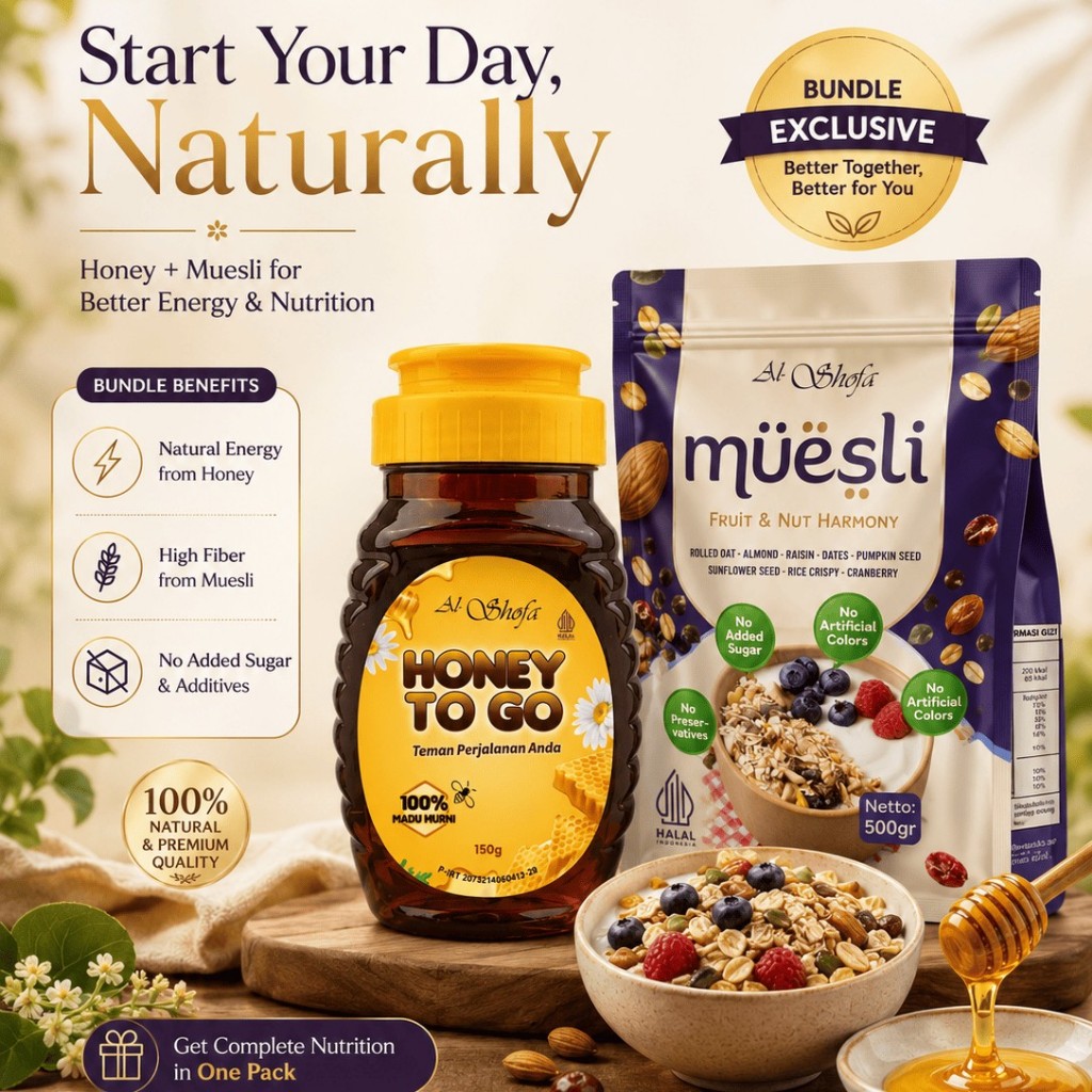 PAKET BUNDLING SEHAT – Muesli Al Shofa 500gr + Honey To Go 150gr | Sarapan Sehat Praktis | No Preservatives