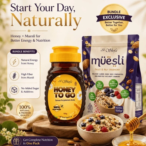 Image of PAKET BUNDLING SEHAT – Muesli Al Shofa 500gr + Honey To Go 150gr | Sarapan Sehat Praktis | No Preservatives