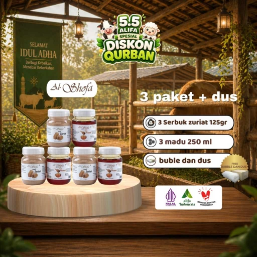 Image of Paket 3 Serbuk Zuriat Al Shofa 125gr dan 3 Madu Promil Al Shofa 250ml Free Kardus dan Bubble