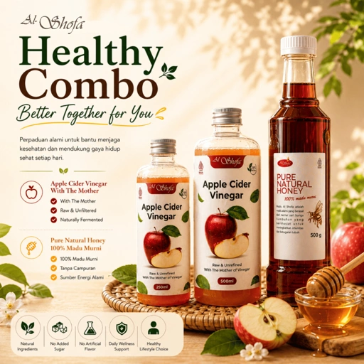 Image of Al Shofa Cuka Apel 500ml & 250ml With Mother & Al Shofa Pure Natural Honey 500gr Free Kardus & Bubble Wrap