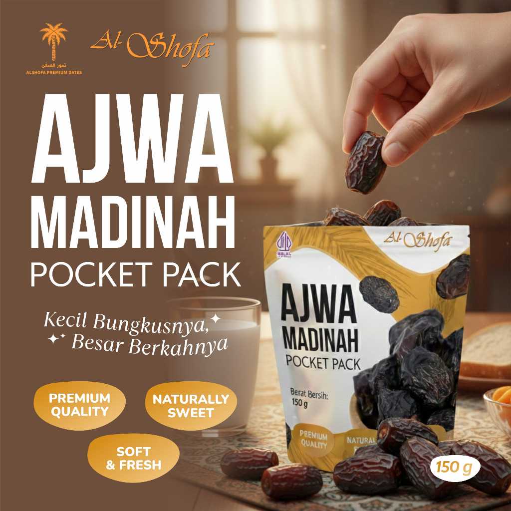 Kurma Ajwa Madinah 150g Pocket Pack – Al Shofa Premium Dates | Kurma Ajwa Kemasan Praktis Cocok untuk Oleh-Oleh & Hampers