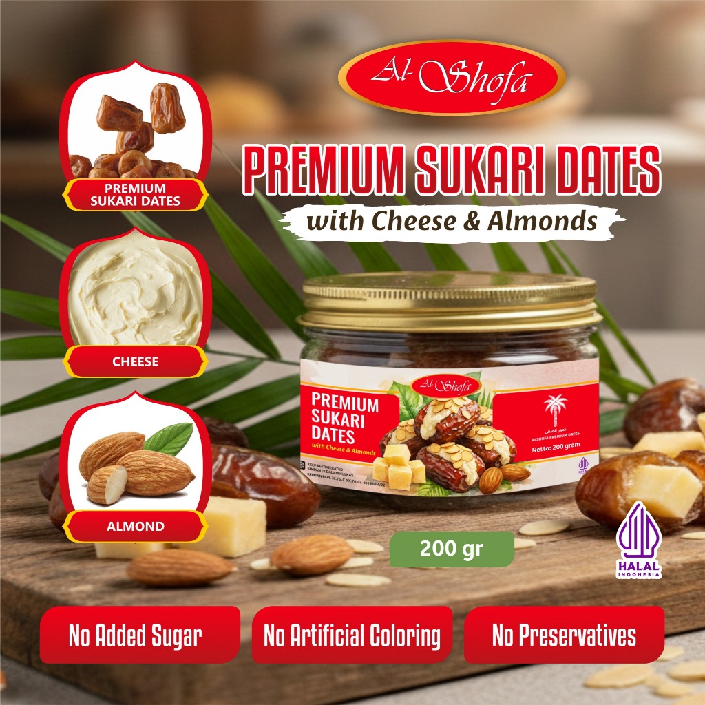 Al Shofa Kurma Sukari Premium Isi Keju & Almond 400gr | Stuffed Dates Cheese Almond Snack Kurma