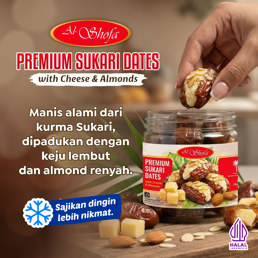 Al Shofa Kurma Sukari Premium Isi Keju & Almond 400gr | Stuffed Dates Cheese Almond Snack Kurma