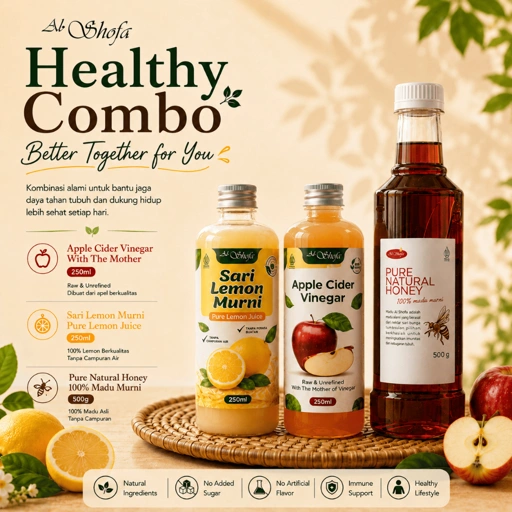 Image of Cuka Apel Al Shofa 250ml + Sari Lemon Al Shofa 250ml + Madu 500gr Free Kardus dan Bubble