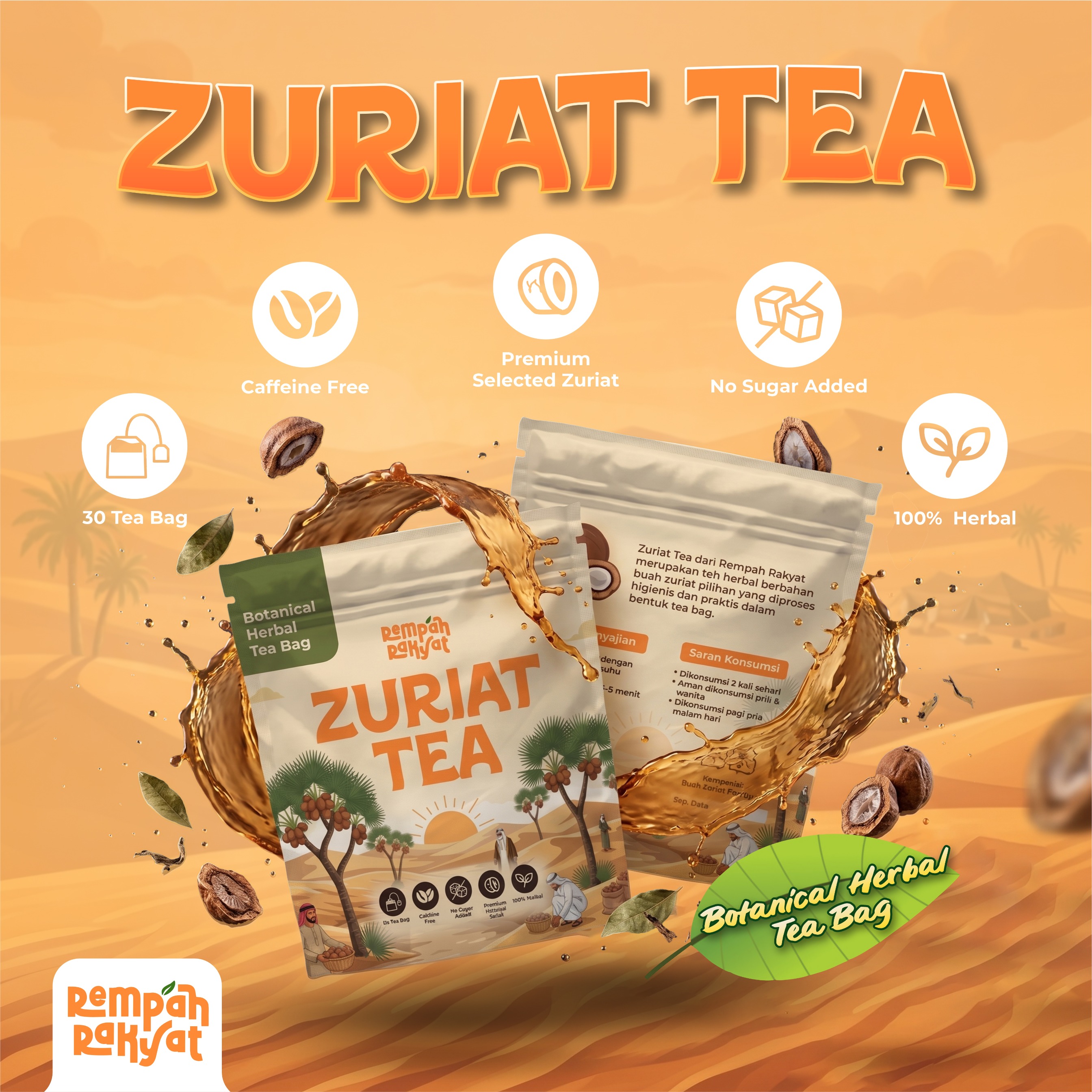 Rempah Rakyat Zuriat Tea – Teh Buah Zuriat Premium 100% Herbal, Tanpa Gula, Tanpa Kafein, 30 Tea Bag
