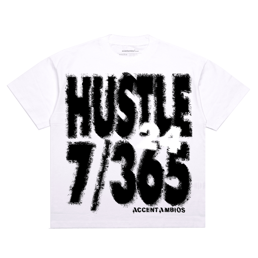 AccentAmbios Boxy Oversized Tshirt Hustle 365/7 White Unisex - Cotton Combed 20s