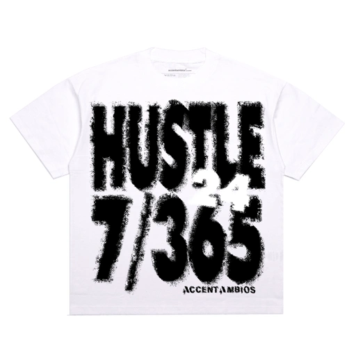 AccentAmbios Boxy Oversized Tshirt Hustle 365/7 White Unisex - Cotton Combed 20s