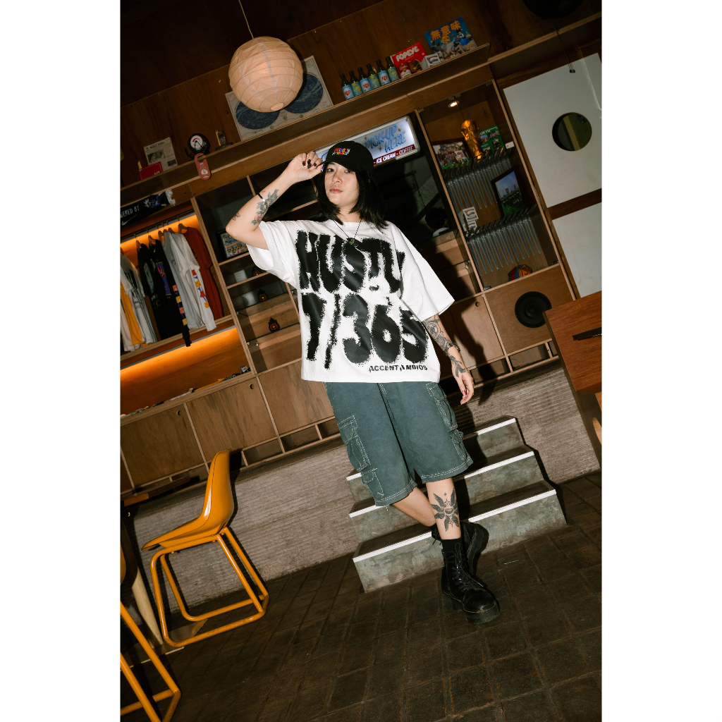 AccentAmbios Boxy Oversized Tshirt Hustle 365/7 White Unisex - Cotton Combed 20s