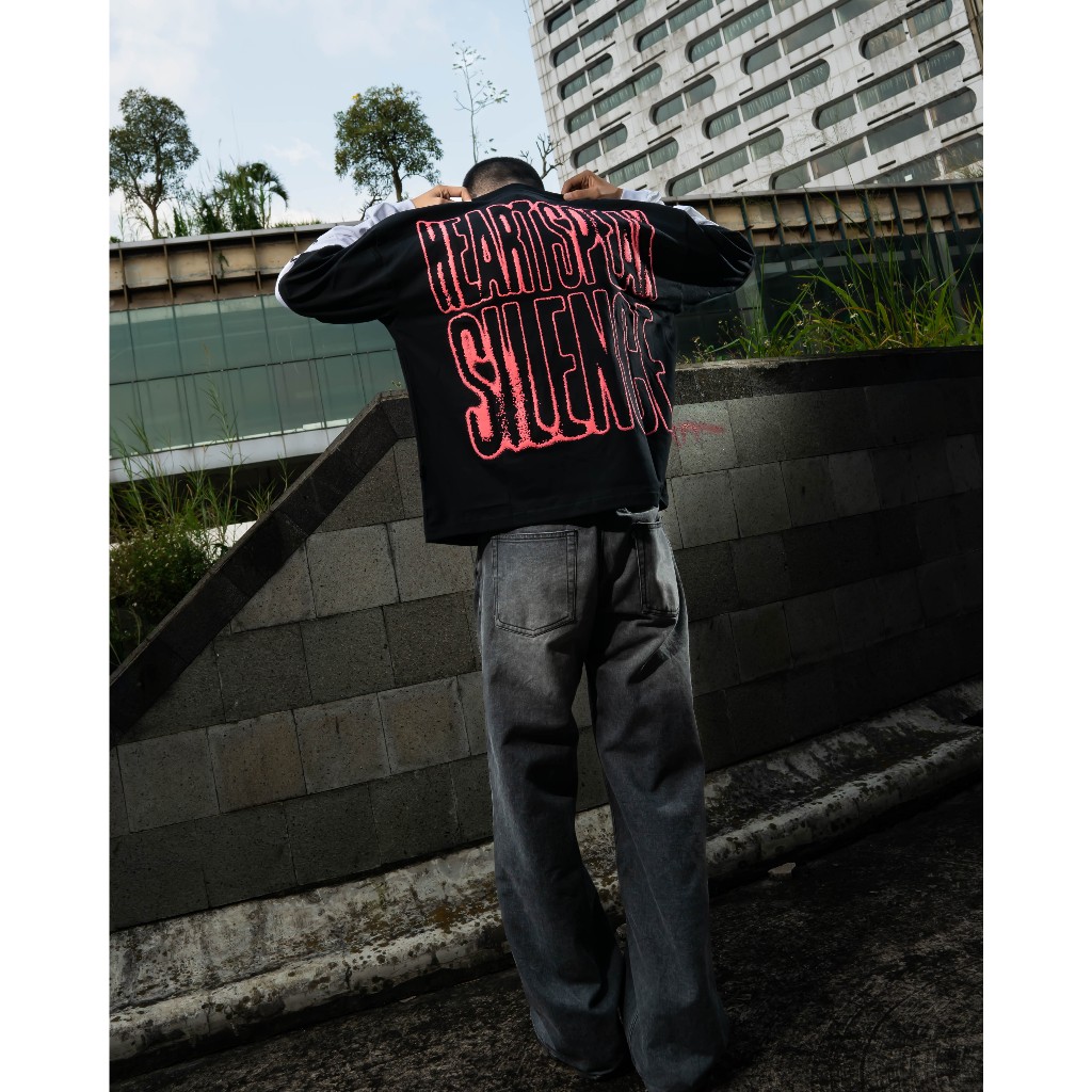 AccentAmbios Boxy Oversized Double Sleeve Tshirt Heart Speak Silence Black Unisex - Cotton Combed 20s