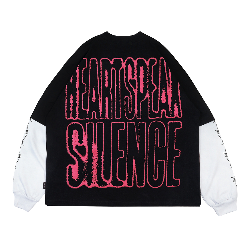 AccentAmbios Boxy Oversized Double Sleeve Tshirt Heart Speak Silence Black Unisex - Cotton Combed 20s