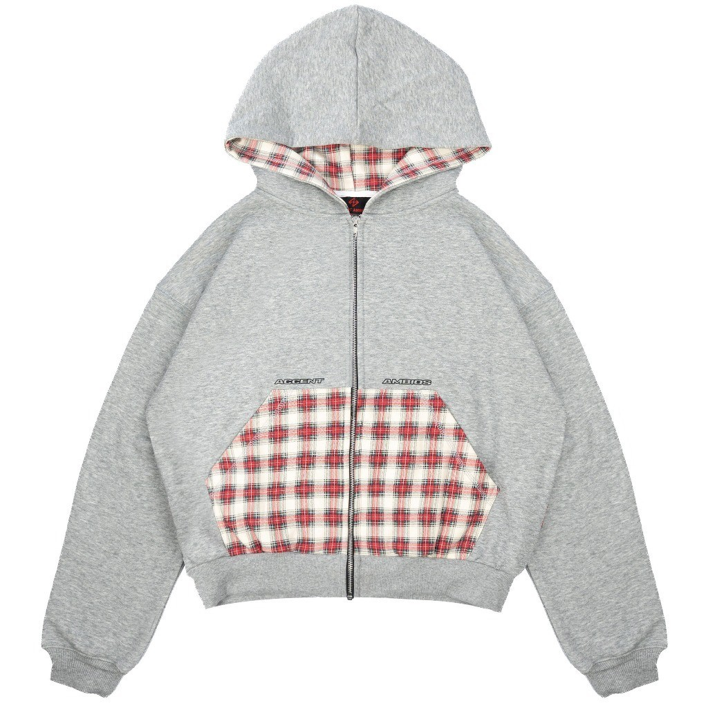 AccentAmbios Zip Hoodie Boxy Unisex Rosary Plaid Grey Fleece 330 GSM