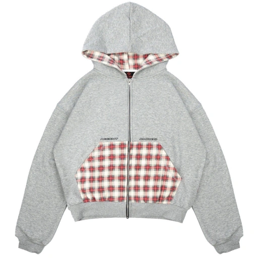 AccentAmbios Zip Hoodie Boxy Unisex Rosary Plaid Grey Fleece 330 GSM