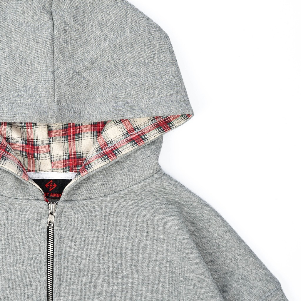AccentAmbios Zip Hoodie Boxy Unisex Rosary Plaid Grey Fleece 330 GSM
