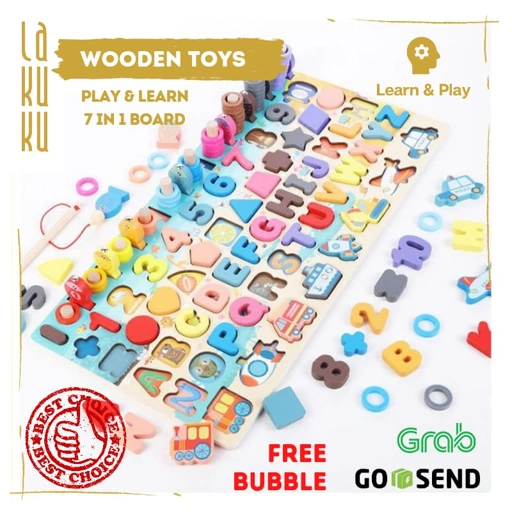 Image of Lakuku - Wooden Toys Puzzle Mainan Edukasi Abjad Huruf Angka Berhitung Mancing Ikan 7 in 1