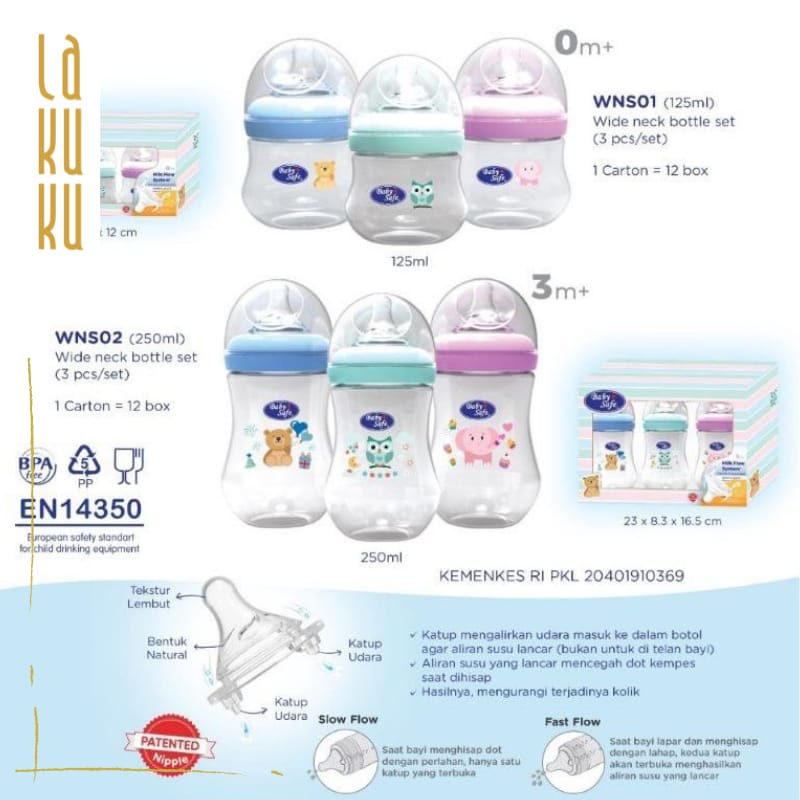 Lakuku - Botol Susu Wide Neck Dot Milk Bottle Baby Safe 125ml 250ml WN WNS 3 stage