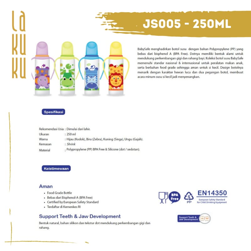 Lakuku - Baby Safe Botol Susu Dot Slim Animal 125ml 250ml JS003 JS005