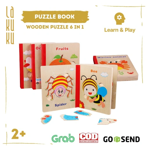 Image of Lakuku - Wooden Puzzle Book 6 in 1 Mainan Edukasi Puzzle bentuk buku anak 2th+