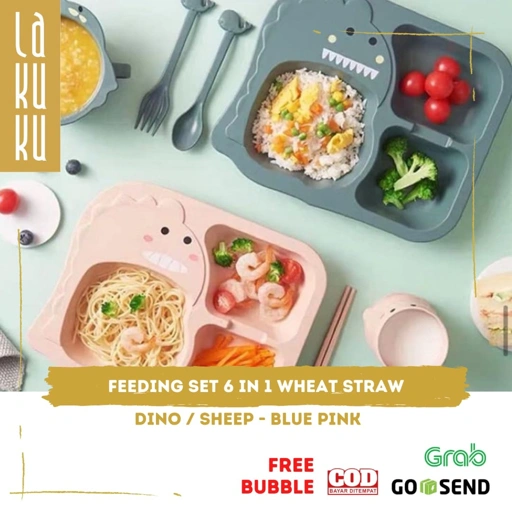 Image of Lakuku - Peralatan Makan Anak model Dino Sheep Piring Gelas Mangkuk jerami gandum