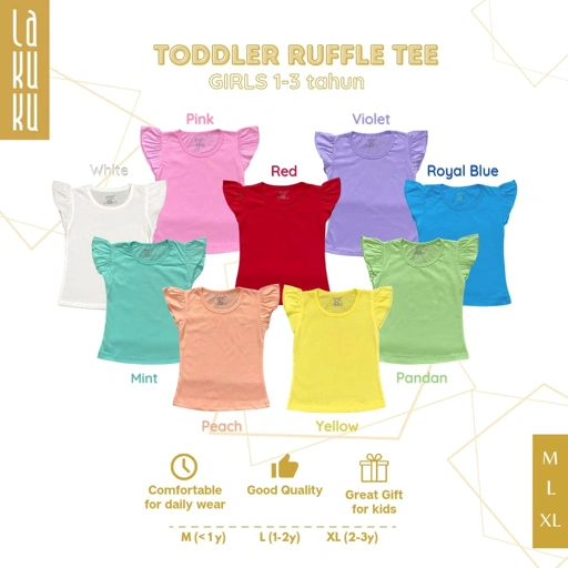 Image of Atasan Kaos Ruffle Tee anak perempuan 1-3 tahun Lengan Kupu-kupu Pakaian Baju Anak Warna Polos