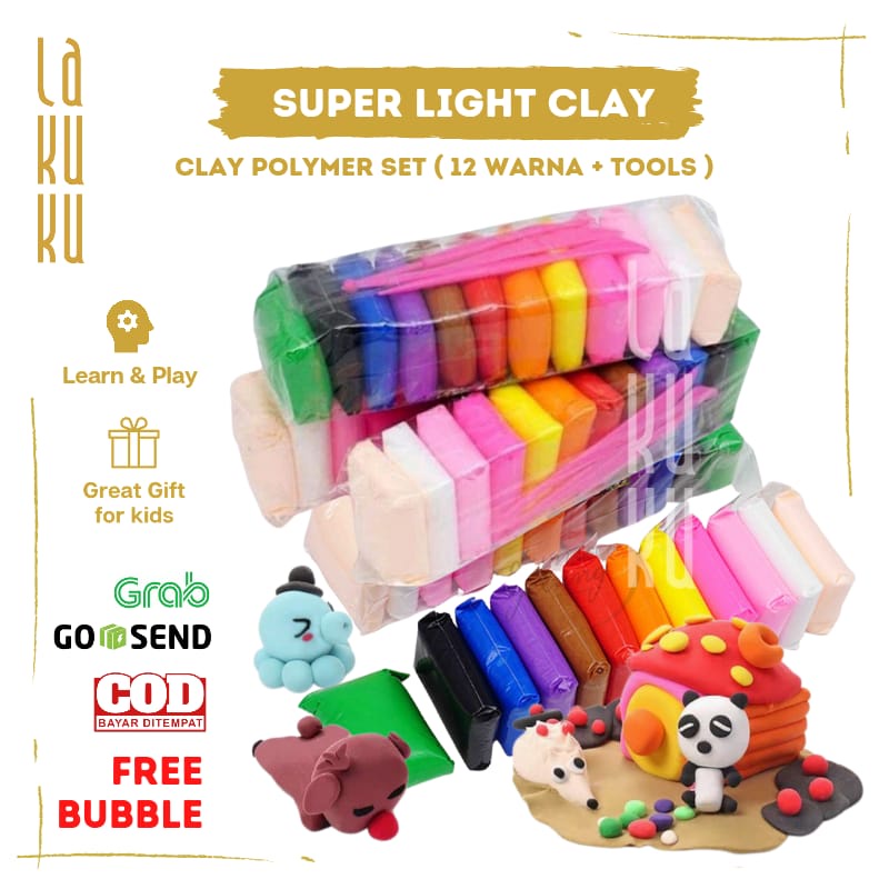 Lakuku - Super Light Clay Polymer Set 12 warna Mainan Sensorik Craft Anak