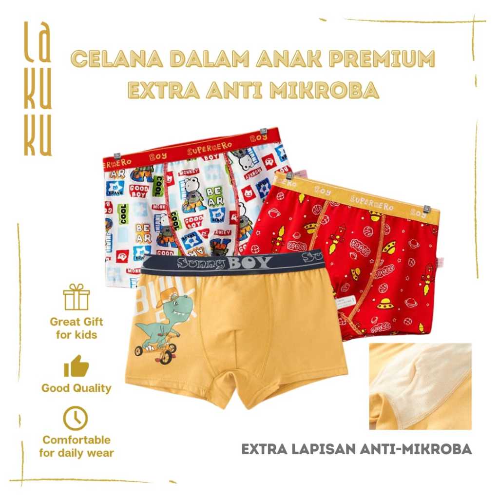 Lakuku - Boxer Premium Celana Dalam Anak Laki Katun dengan extra lapisan kain anti mikroba