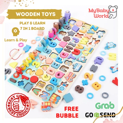 Image of MBW - Wooden Toys Puzzle Mainan Edukasi Abjad Huruf Angka Berhitung Mancing Ikan 7 in 1