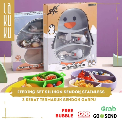 Image of Lakuku - Peralatan Makan anak Baby Kids Feeding Set Piring Silikon Tebal Sendok Garpu stainless 304 berkualitas