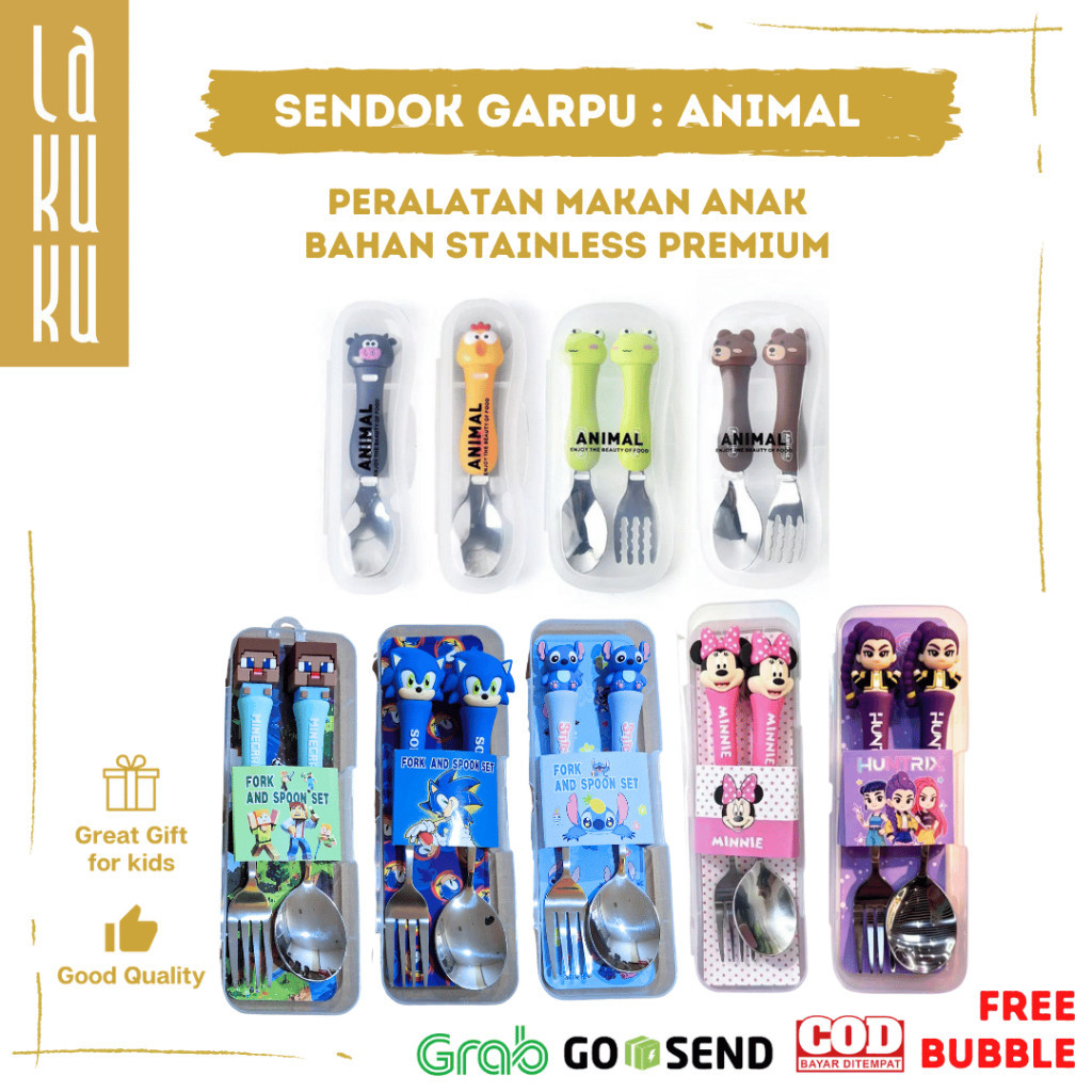 Lakuku - Sendok Garpu Stainless Karakter hewan animal peralatan makan anak