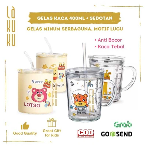 Image of Lakuku - Gelas Minum Susu Sedotan Anak bahan Kaca 400ml