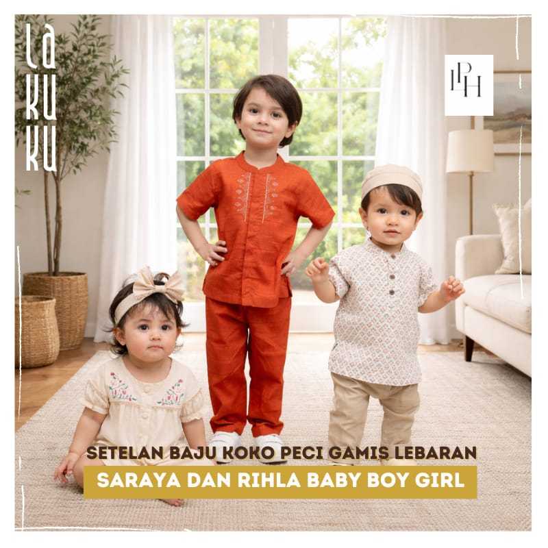 Lakuku - Palmerhaus Saraya dan Rihla Boy Girl Setelan Baju Koko Peci Gamis Lebaran Anak Laki Perempuan