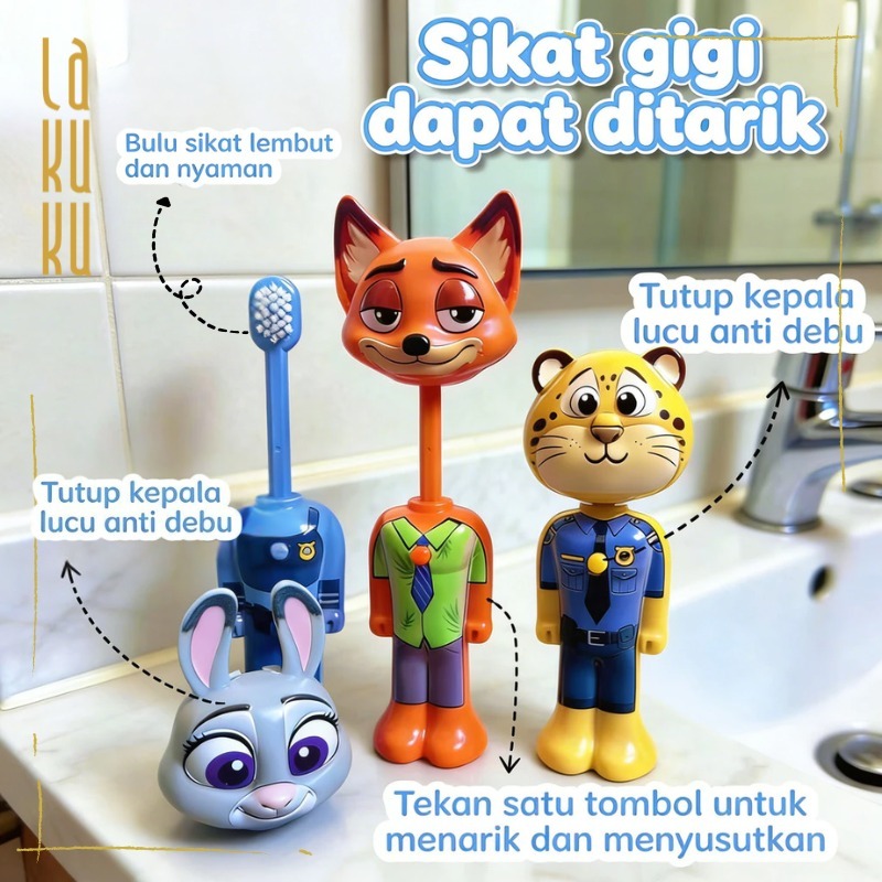 Lakuku - Sikat Gigi Anak 4D Karakter Premium Kepala Penutup Mainan