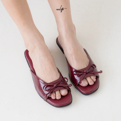 Image of ECCLETTE - MARILOU SANDAL | FLAT WANITA KOKOP KEKINIAN HITS TEPLEK PITA KOREA RIBBON MAROON SLIP ON