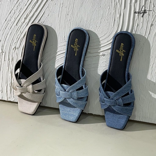 Image of ECCLETTE - MILLA SLIPPER / SENDAL SANDAL FLAT WANITA DENIM JEANS SANTAI KOKOP KEKINIAN HITS TEPLEK