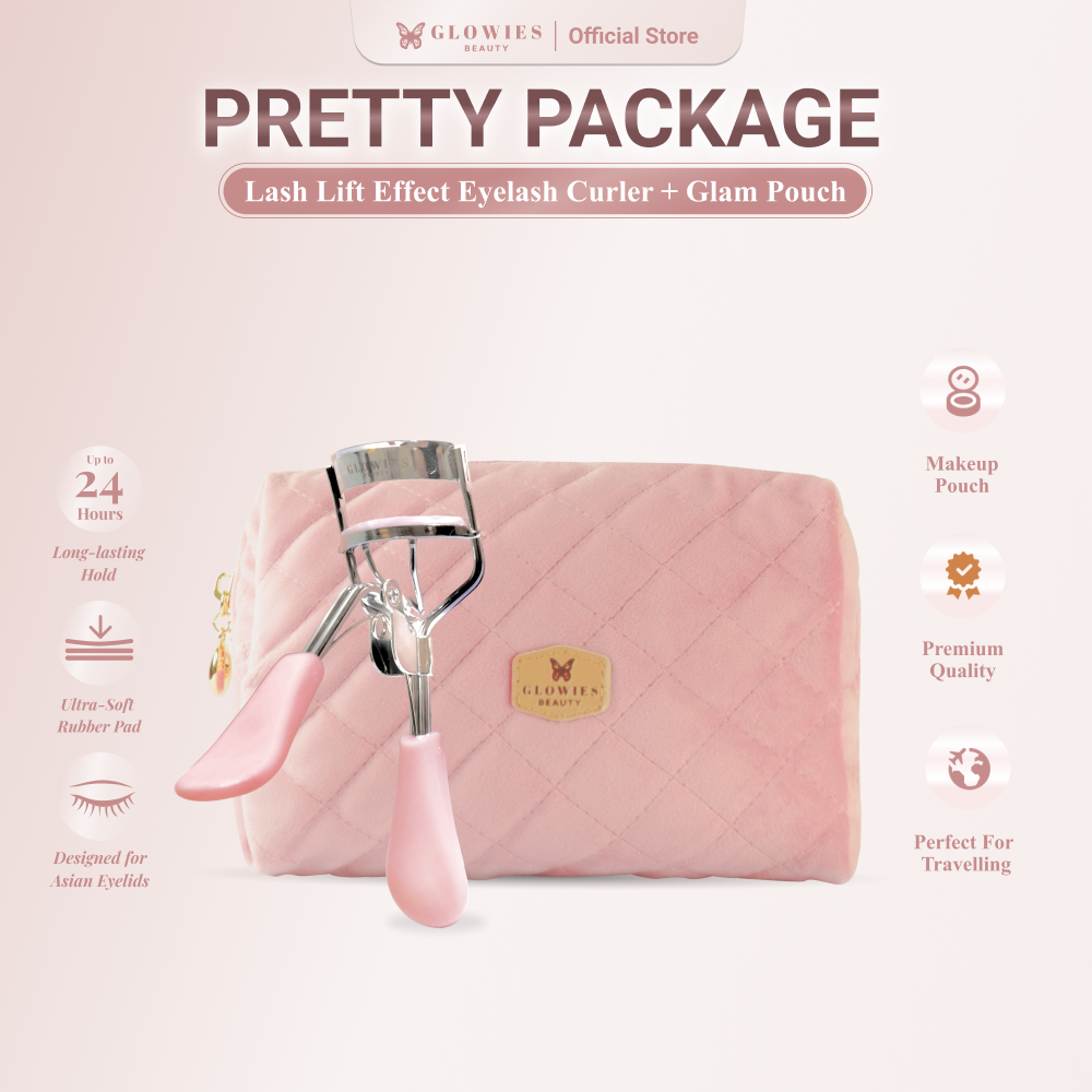 Glowies Beauty 2 in1 Pretty Package Glam Pouch Tas Makeup Dimension Penjepit Bulu Mata Melentikan Bulu Mata Glowies Lash Lift Effect Eyelash Curler Composition Stainless Stell