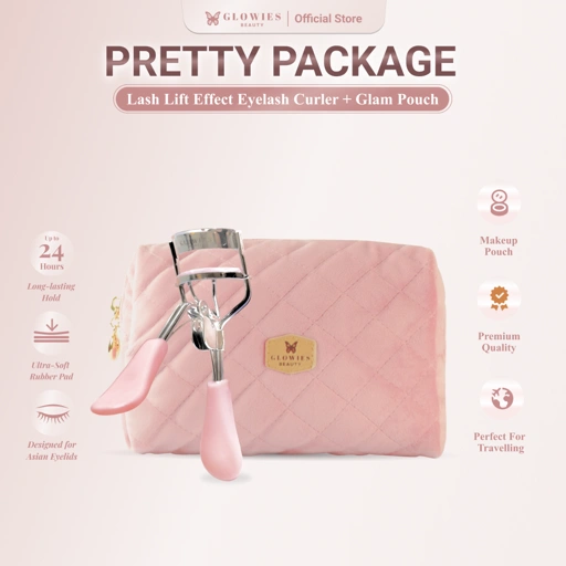 Glowies Beauty 2 in1 Pretty Package Glam Pouch Tas Makeup Dimension Penjepit Bulu Mata Melentikan Bulu Mata Glowies Lash Lift Effect Eyelash Curler Composition Stainless Stell