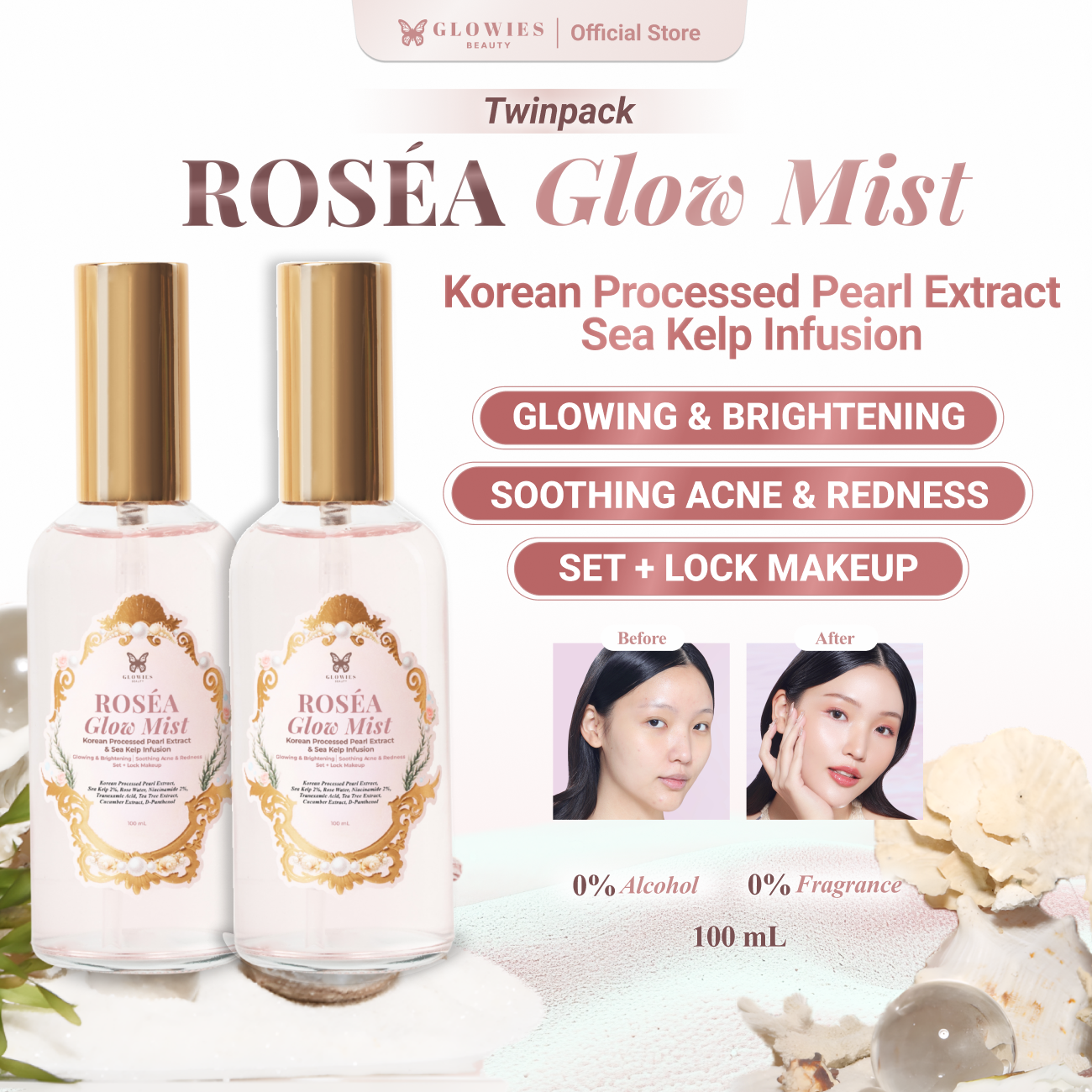 [2 PCS] Glow Mist Glowies Niacinamide RoSéa Glow Mist Get 2 Pcs Face Mist with Korean Technology & Sea Kelp Infusion Rose extract Niacinamade Tranexamic Acid Face Mist 100ml