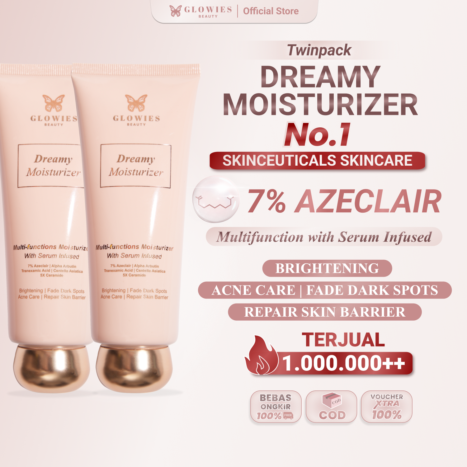 [2 PCS]  Dreamy Moisturizer  Glowies Beauty Twinpack 80ml Korean Formulation membantu Menghilangkan bekas jerawat PIE PIH 7% Azeclair 6% Niacinimide Alpha Arbutin 5x Ceramide Pelembab wajah Kering Memperbaiki Skin Barrier dan Acne Repair