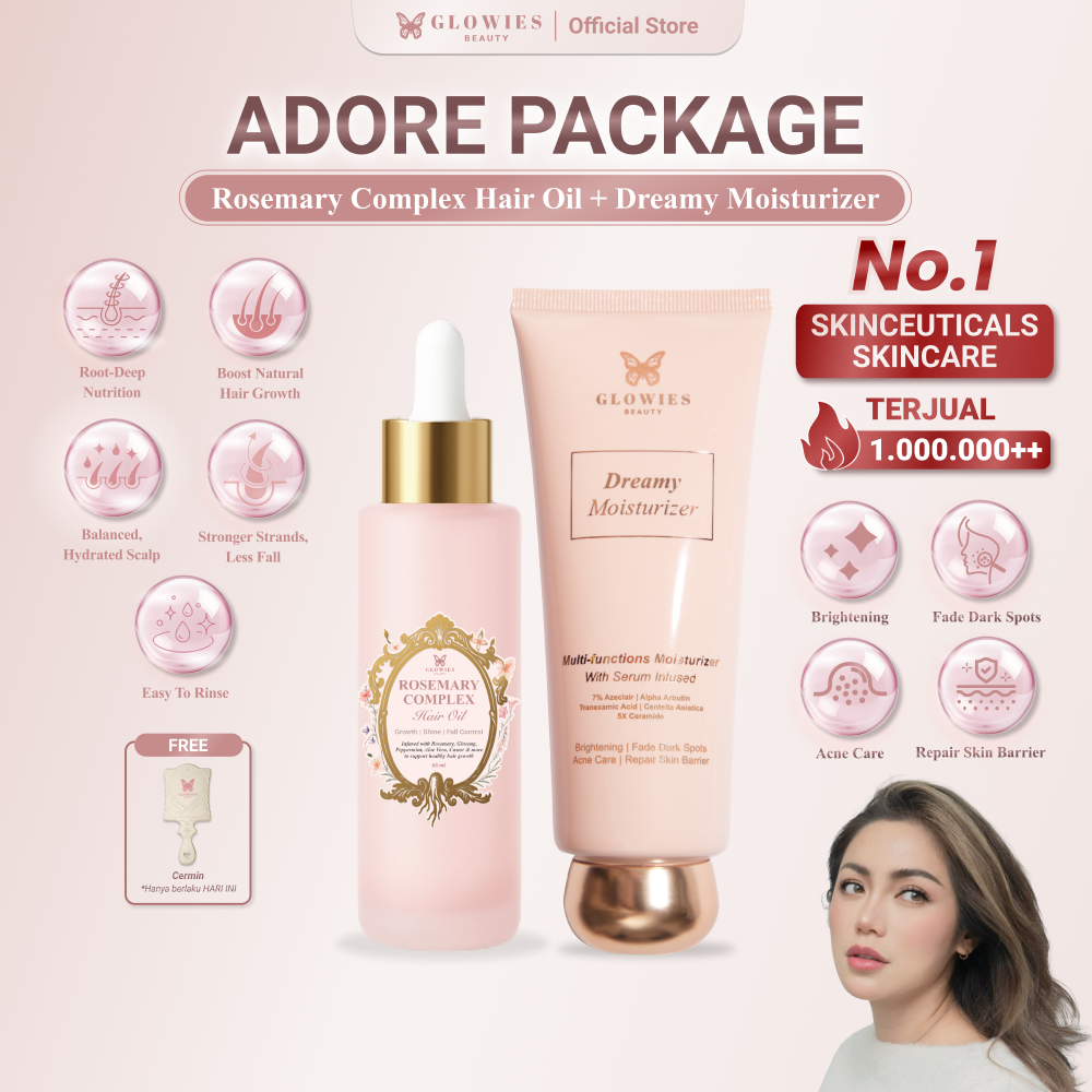 Glowies Beauty Adore Package Get Dreamy Moisturizer + Rosemary Complex Hair Oil Membantu Merawat Rambut Menumbuhkan Rambut & Merawat Kulit Wajah Melembapkan Kulit Mengunci Kelembapan & Menjaga Barrier