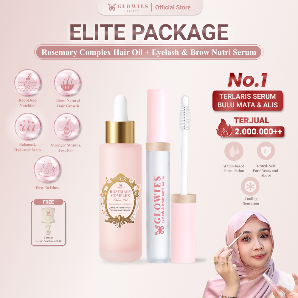 Glowies Beauty Elite Package Rosemary Complex Hair Oil + Serum Penumbuh Bulu Mata Eyelash & Brow Nutri Serum Paket Lengkap Penumbuh Rambut & Bulu Mata Alami membantu Menguatkan Akar Rambut Menebalkan Alis & Bulu Mata Aman untuk Kulit Kepala