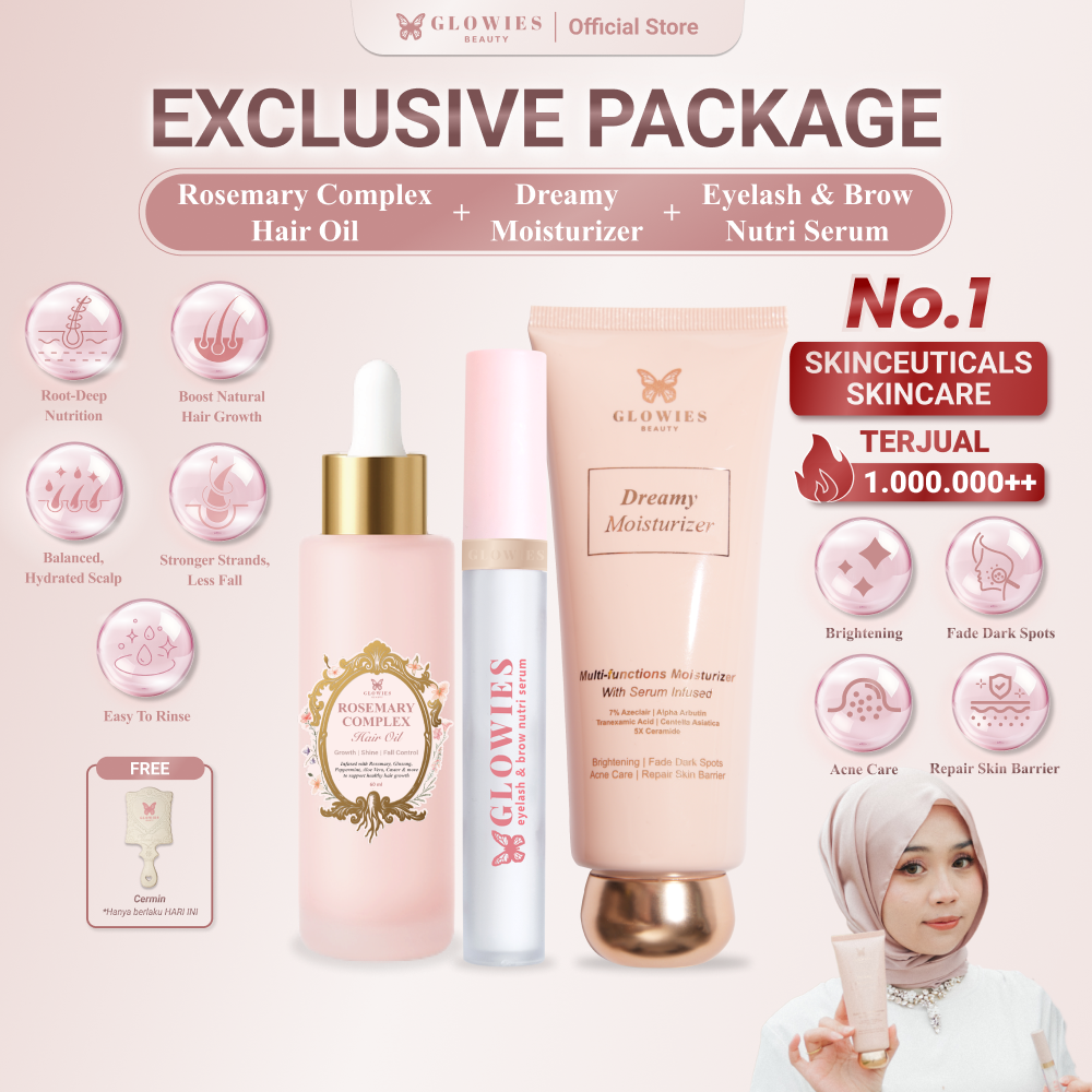 Glowies Beauty Exclusive Package Rosemary Complex Hair Oil + Serum Bulu Mata & Alis + Dreamy Moisturizer Paket Perawatan Lengkap Rambut, Alis, Bulu Mata & Wajah Menumbuhkan Rambut, Melembapkan Kulit & Bikin Glowing Alami dari Ujung Rambut