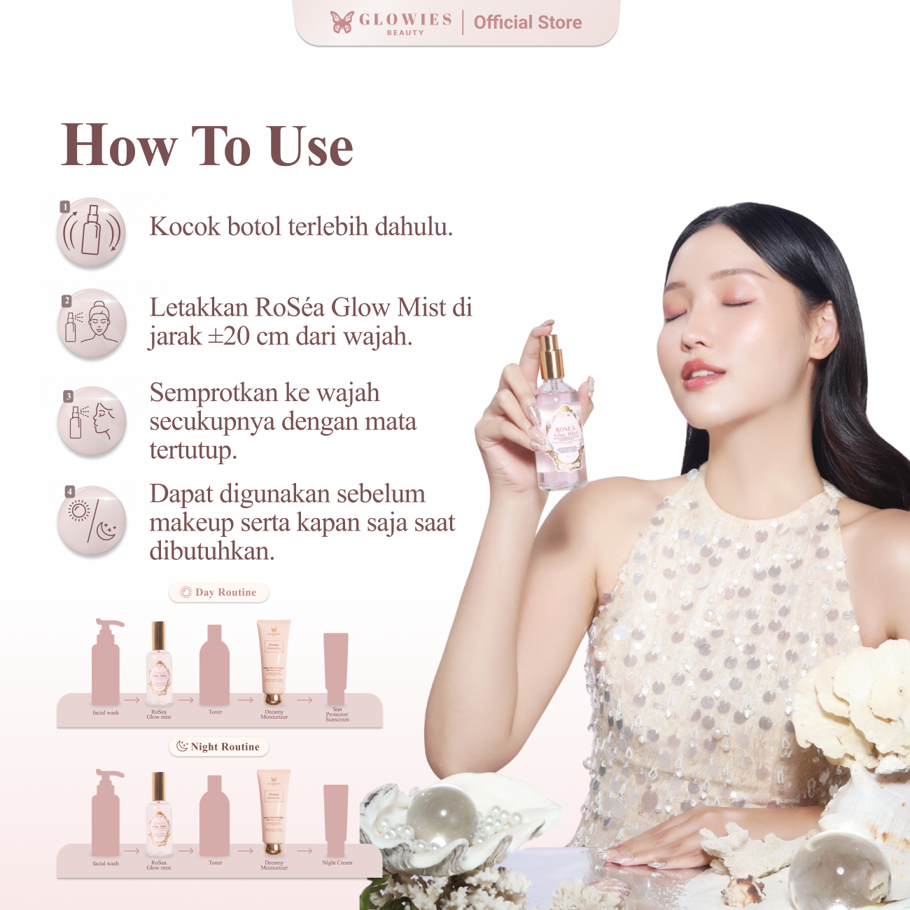 GLOWIES BEAUTY Shining Package Roséa Glow Mist & Moisturizer Glowies Beauty 80 ml Face Mist Pearl Extract with Korean Technology & Sea Kelp Infusion Rose extract Niacinamade Tranexamic Acid Face Mist 100ml
