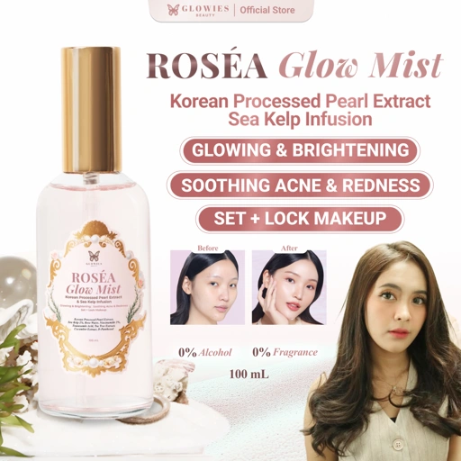 GLOWIES BEAUTY RoSéa Glow Mist Face 
Mist Pearl Extract with Korean Technology
 Menjaga kelembapan dan elastisitas kulit Membantu mencerahkan kulit meratakan dan membantu menyamarkan noda hitam