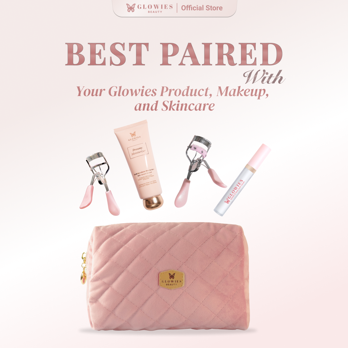 Glowies Beauty 2 in1 Pretty Package Glam Pouch Tas Makeup Dimension Penjepit Bulu Mata Melentikan Bulu Mata Glowies Lash Lift Effect Eyelash Curler Composition Stainless Stell