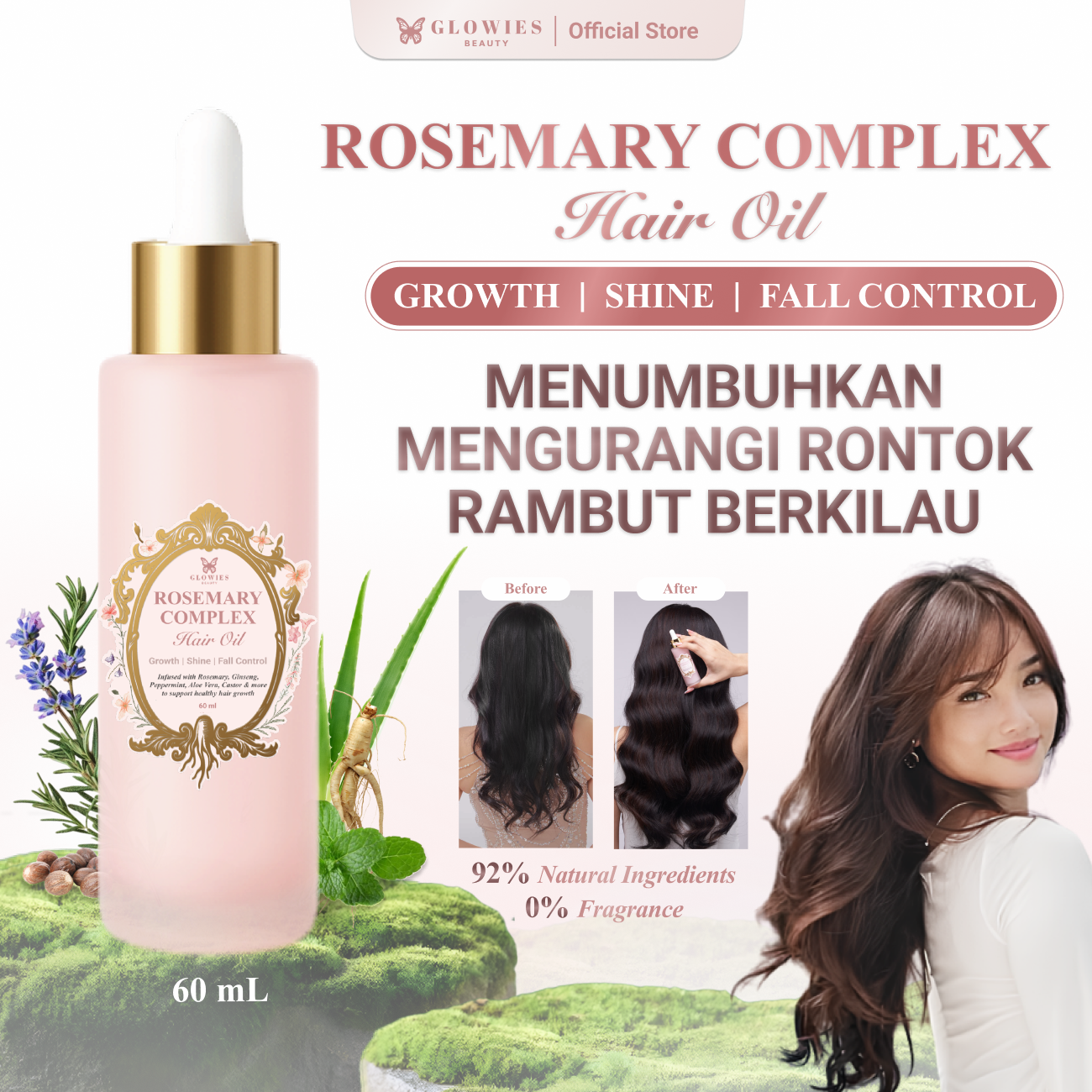Glowies Beauty Rosemary Complex Hair Oil Penumbuh Rambut Alami dengan 92% Natural Ingredients atasi Rambut Rontok & Rapuh dilengkapi dengan Rosemary, Ginseng, Castor & Aloe Vera Tanpa Pewangi & Aman untuk Kulit Kepala Sensitif