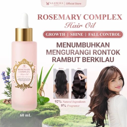Glowies Beauty Rosemary Complex Hair Oil Penumbuh Rambut Alami dengan 92% Natural Ingredients atasi Rambut Rontok & Rapuh dilengkapi dengan Rosemary, Ginseng, Castor & Aloe Vera Tanpa Pewangi & Aman untuk Kulit Kepala Sensitif