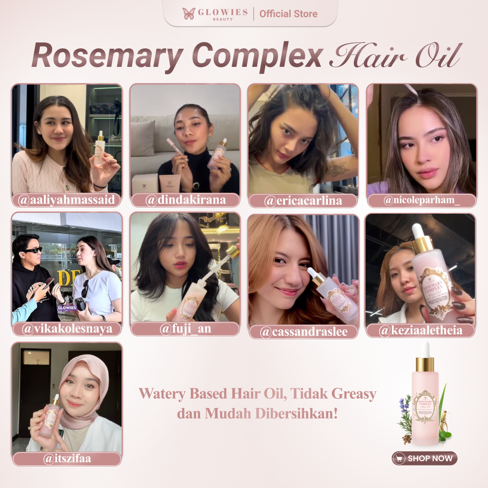 Glowies Beauty Rosemary Complex Hair Oil Penumbuh Rambut Alami dengan 92% Natural Ingredients atasi Rambut Rontok & Rapuh dilengkapi dengan Rosemary, Ginseng, Castor & Aloe Vera Tanpa Pewangi & Aman untuk Kulit Kepala Sensitif