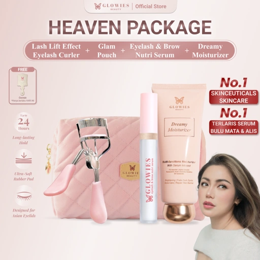 GLOWIES PACKAGE Heaven Package Dreamy Moisturizer Glowies Beauty Eyelash & Brow Nutri Serum Lash Lift Effect Glam Pouch