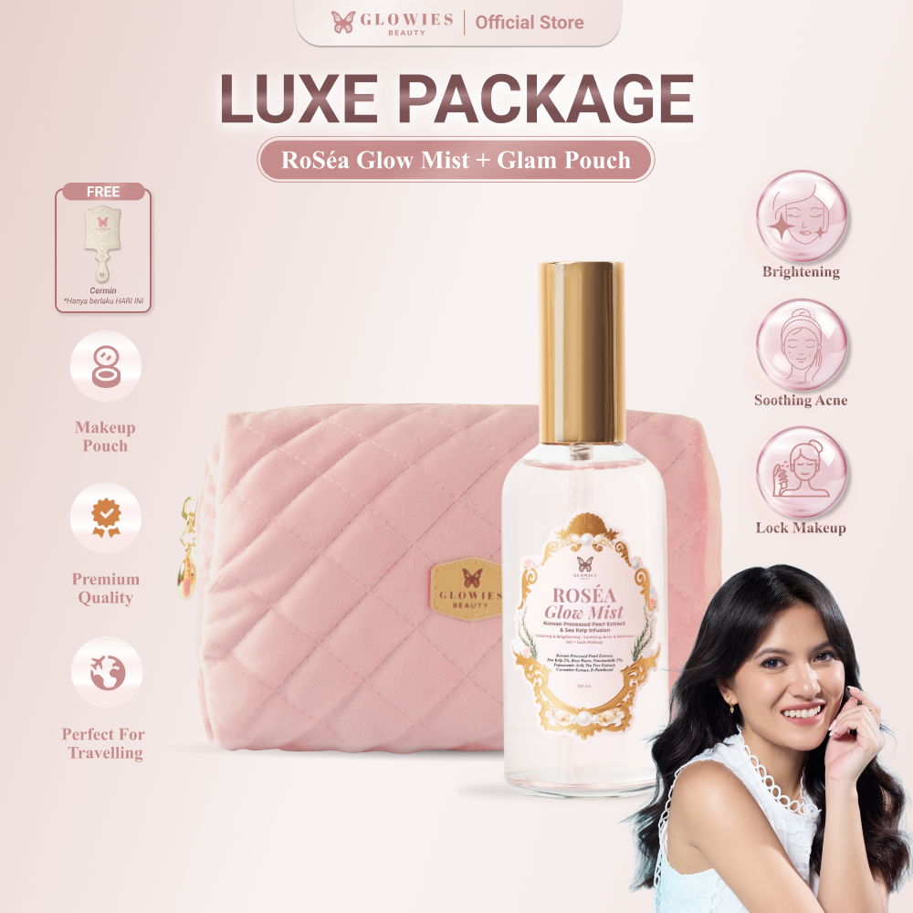 Luxe package RoSéa Glow Mist Pearl Extract with Korean Technology & Glam pouch Tempat Makeup Aesthetic